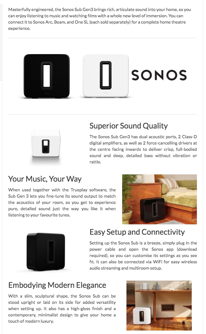 Sonos Sub Gen 3 Wireless Subwoofer Black SON-SUBG3AU-BLK infographic