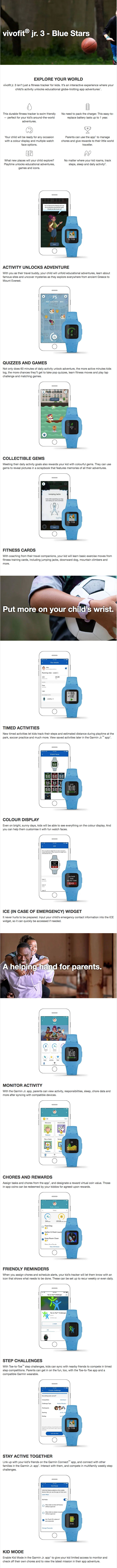 Garmin Vivofit Jr 3 Blue Stars Activity Smart Watch 010-02441-22 infographic