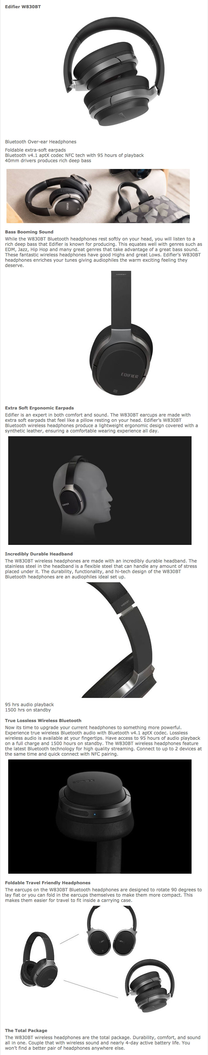 Edifier W830BT Bluetooth V4.1 NFC Over-Ear Headphones Deep Bass infographic