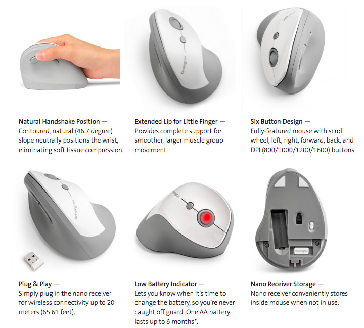 Kensington Pro Fit Ergo Vertical Wireless Mouse Grey 6 Buttons infographic 2 of 3