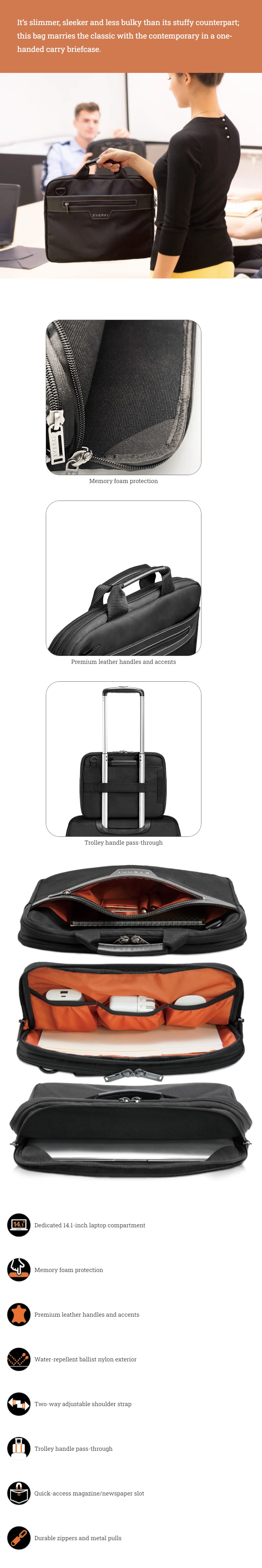 Everki Upto 14.1" Business Laptop Notebook Briefcase Bag EKB414 infographic