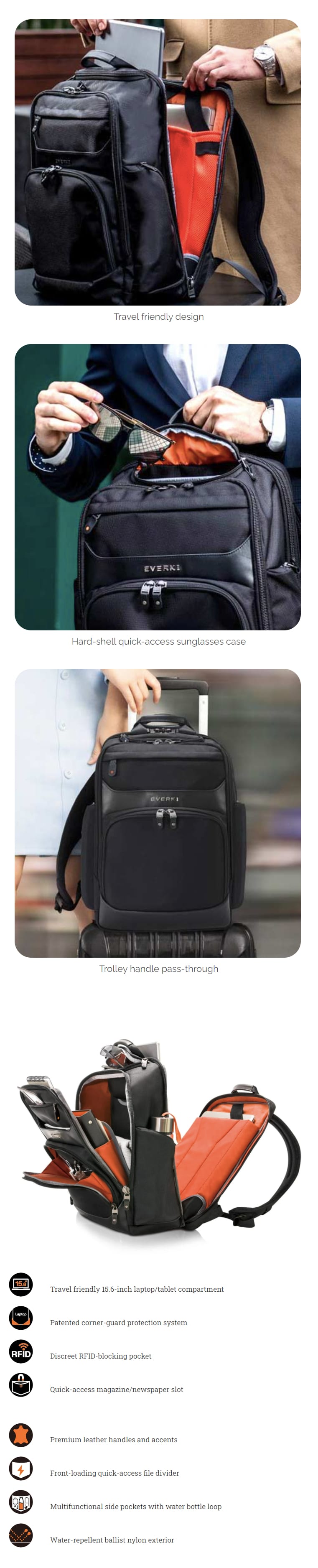 Everki Onyx Premium 15.6" Travel Friendly Laptop Backpack EKP132 infographic