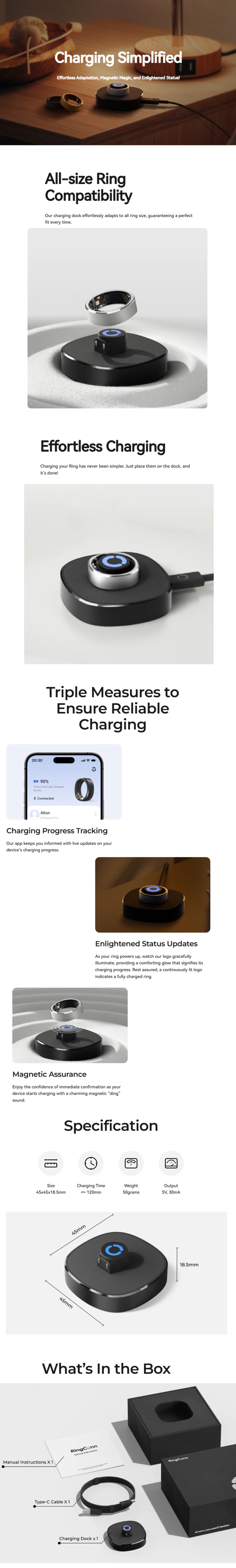 RingConn Smart Ring Charging Dock infographic