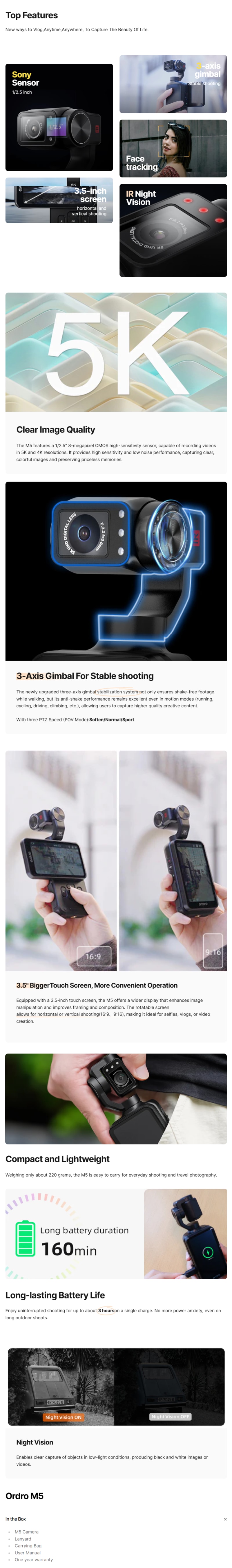 ORDRO M5 5K 3-Axis Handheld Gimbal Camera infographic