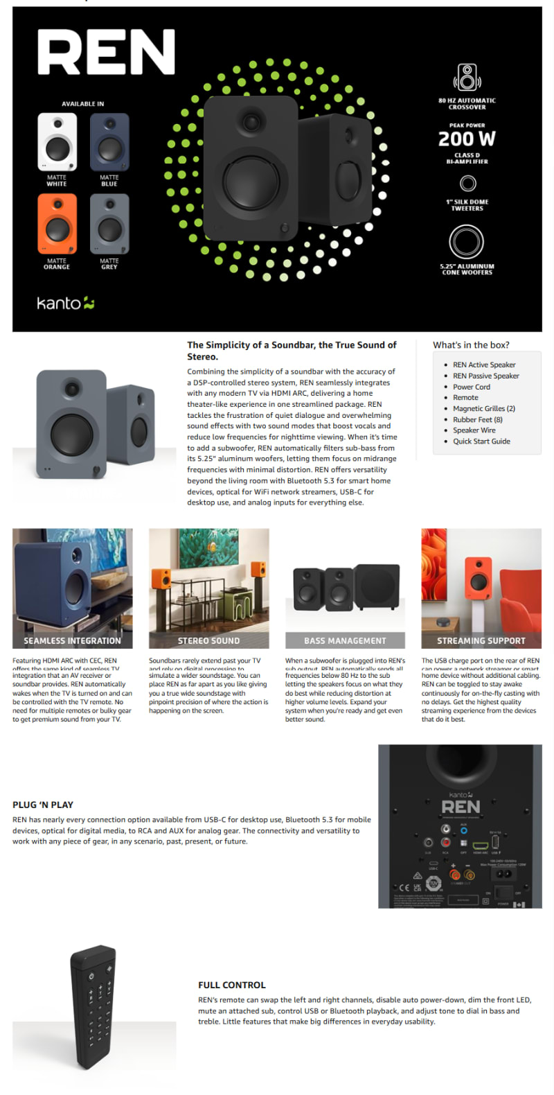 Kanto REN 200W Powered Speakers Bluetooth - Matte Orange infographic