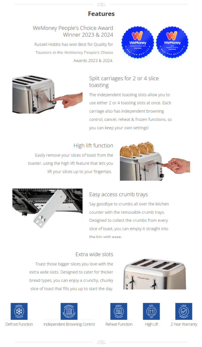 Russell Hobbs Addison 4 Slice Toaster Brushed Stainless Steel infographic