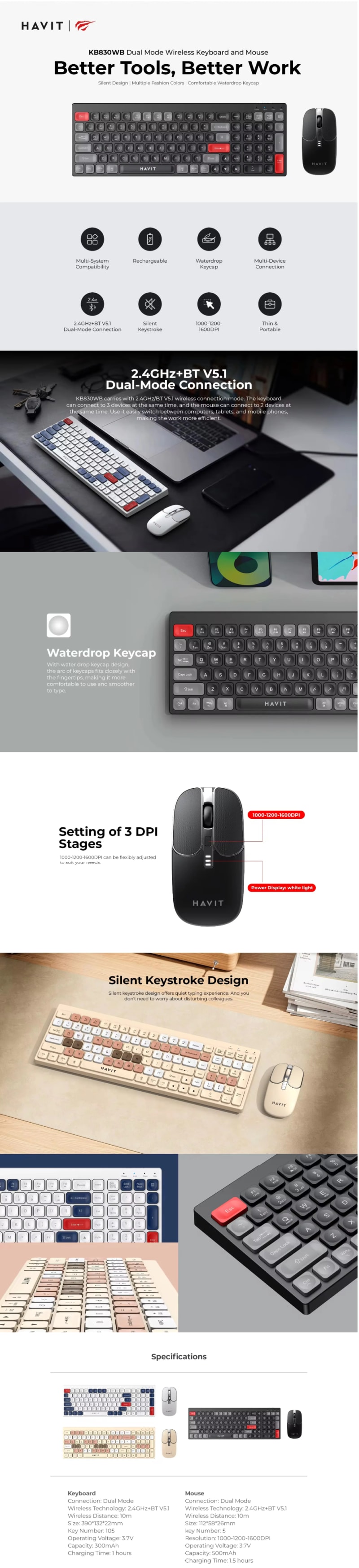 Havit Dual-Mode Wireless 2.4Ghz + Bluetooth Keyboard & Mouse - White infographic