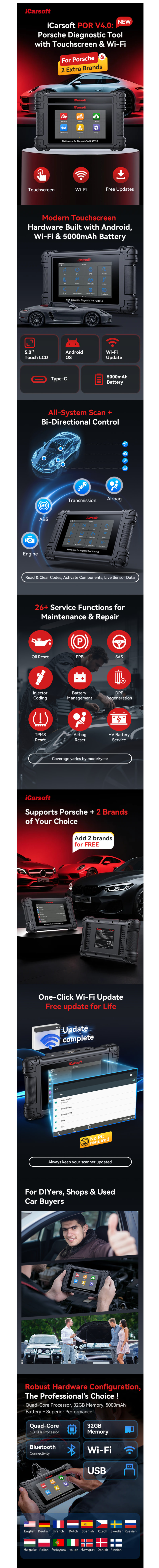 iCarsoft POR V4.0 Diagnostic Tool for Porsche + 2 Extra Brands infographic