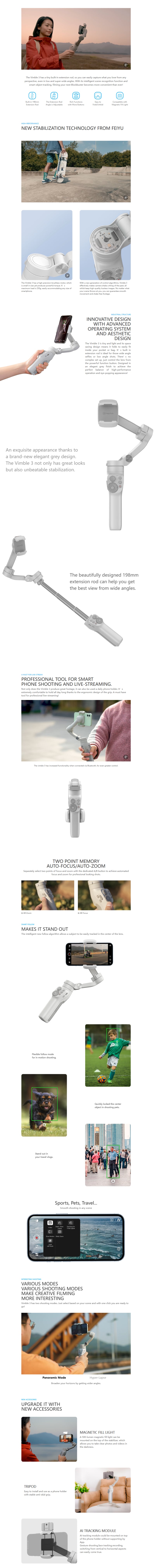 Feiyu Vimble 3 Handheld Gimbal w/ Built-In Extension infographic