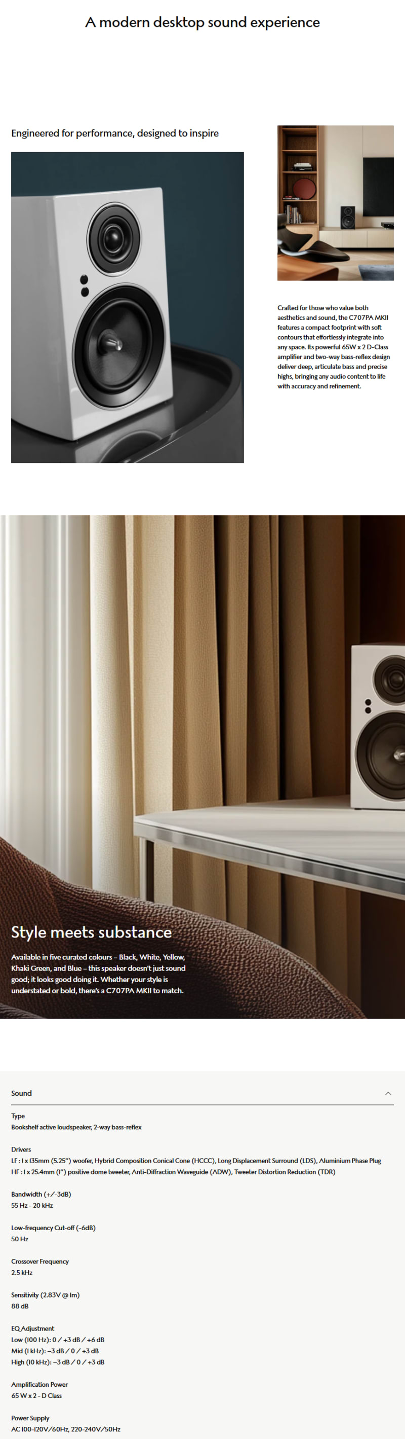 Jamo C707 PA Active Bookshelf Speaker - Yellow infographic