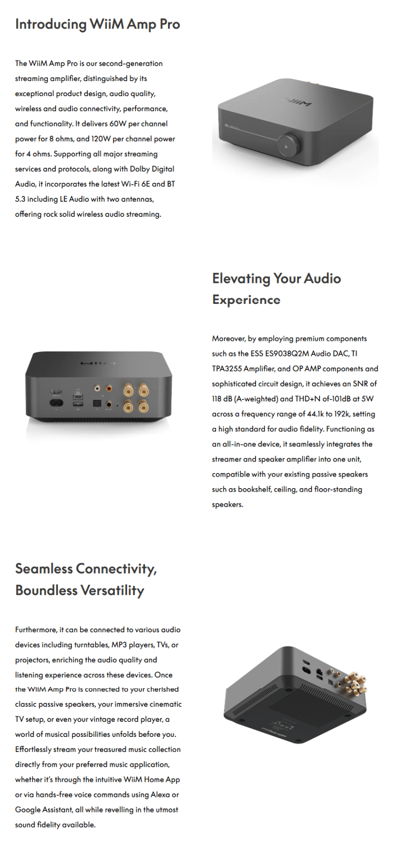 WiiM Amp PRO Multiroom Stereo Streaming Amplifier infographic