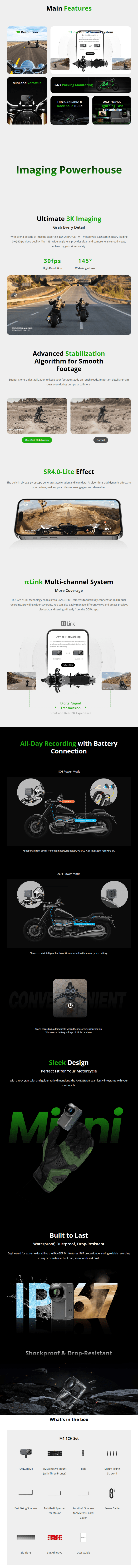 DDPAI Ranger M1 3K Motorcycle Dash Cam infographic
