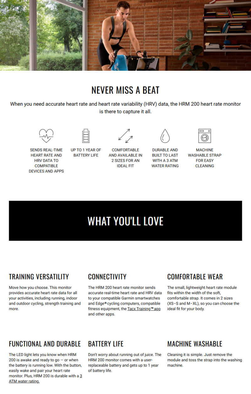 Garmin HRM 200 Heart Rate Monitor - 010-13388-00 (M to XL) infographic