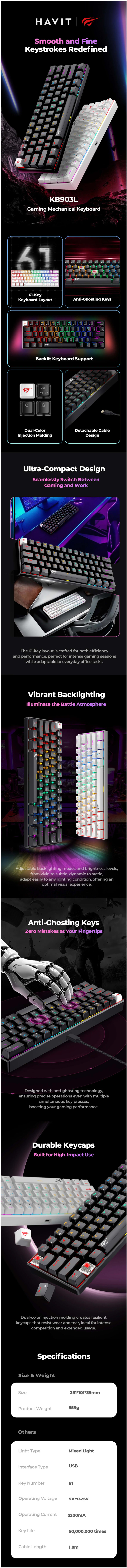 Havit 61 Key Mechanical Gaming Keyboard - Black infographic