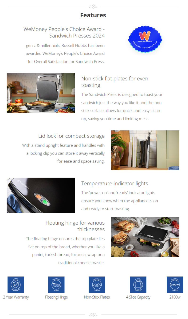 Russell Hobbs 4 Slice Sandwich Press - Black infographic