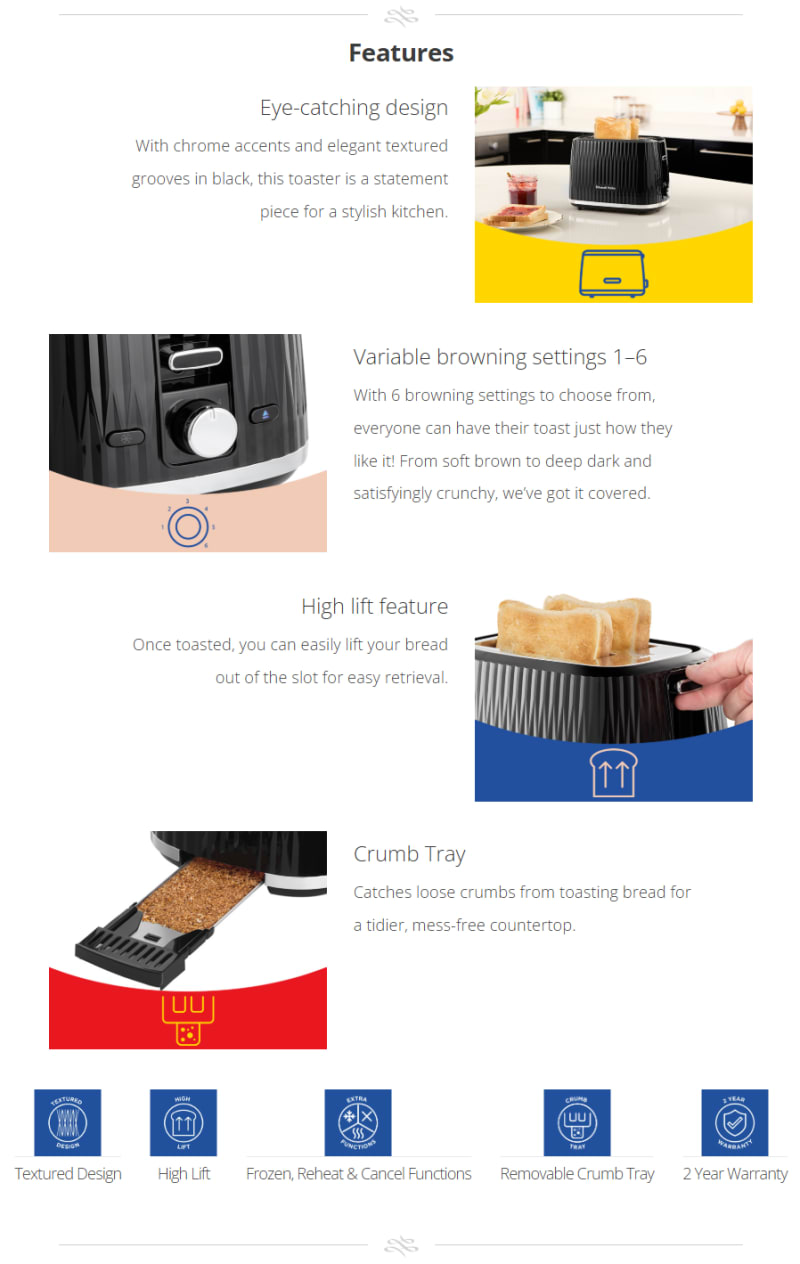 Russell Hobbs Eden 2 Slice Toaster - Black infographic