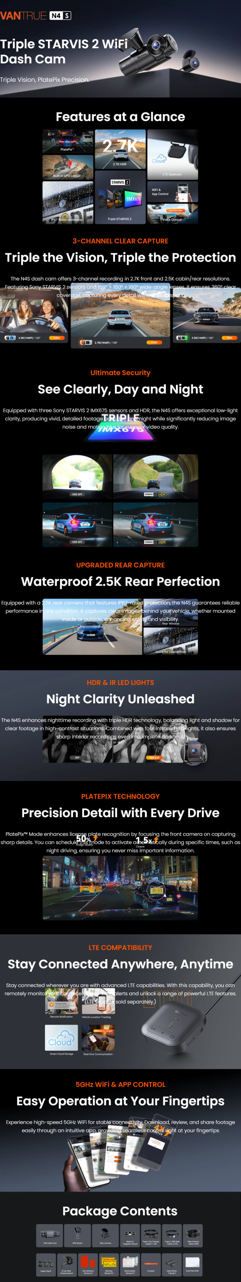Vantrue N4S 3-Channel GPS WiFi Dash Cam infographic