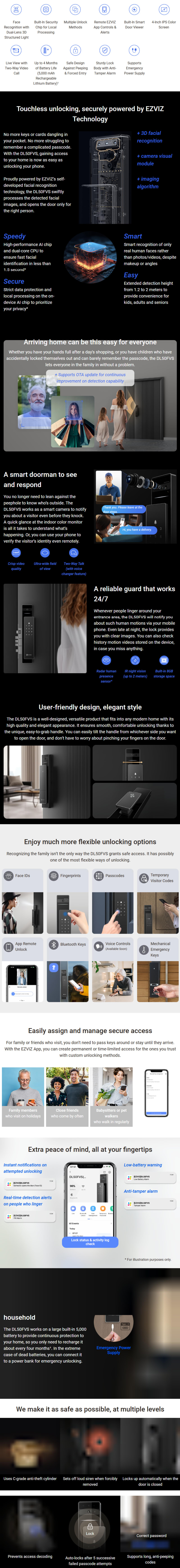 EZVIZ DL50FVS Face Recognition Smart Lock Video Intercom infographic