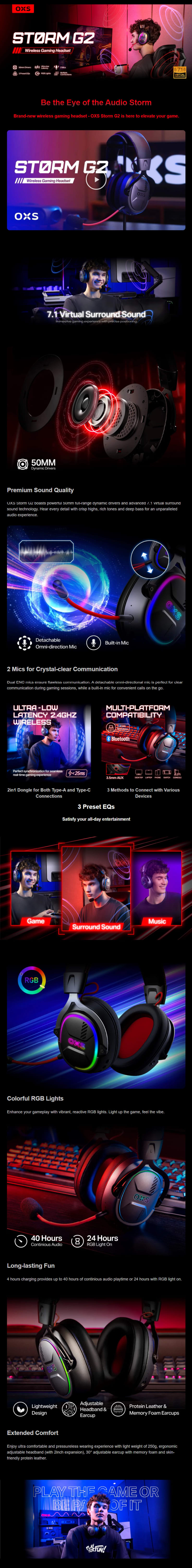OXS Storm G2 Wireless Gaming Headset - White infographic