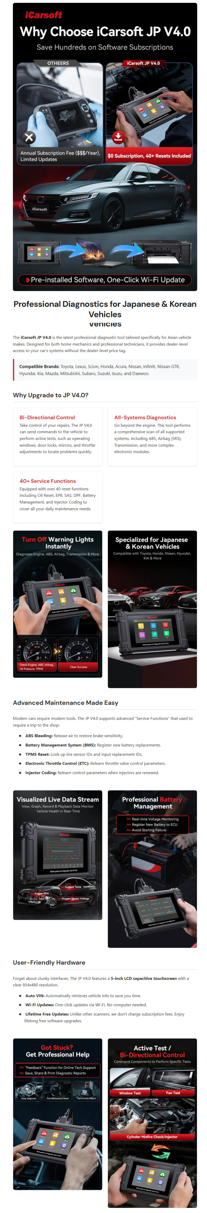 iCarsoft JP V4.0 Diagnostic Tool for Japanese and Korean Car Brands infographic