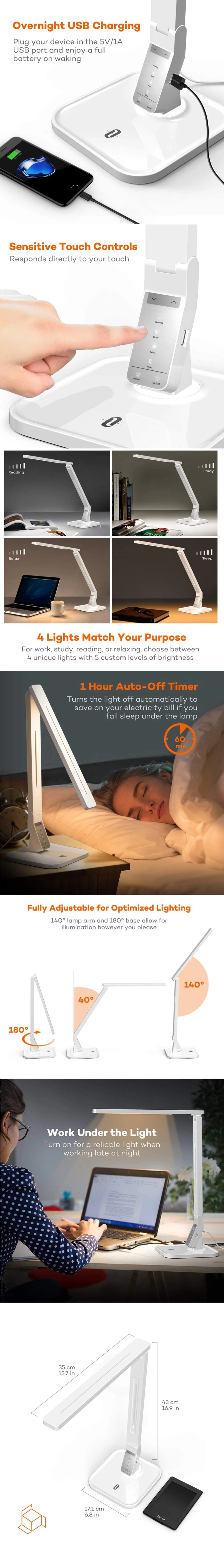 TaoTronics Uranus L1 LED Desk Lamp with USB Charging Port - White infographic