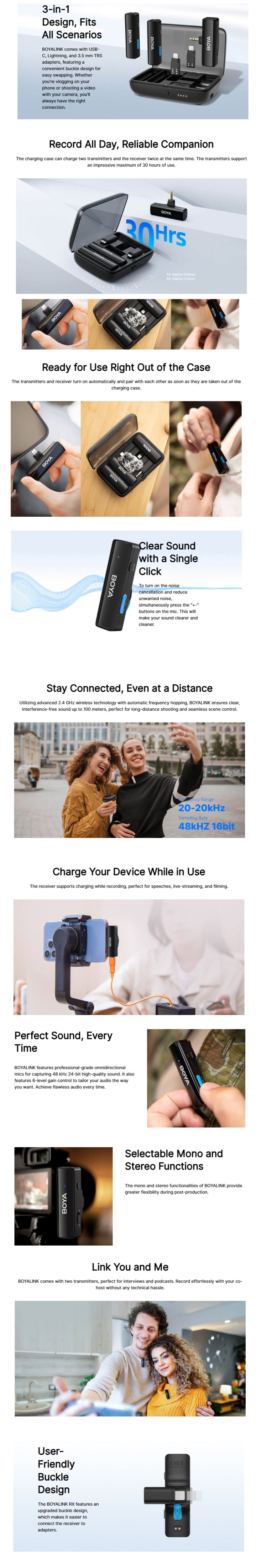 Boya BOYALINK All-In-One Wireless Microphone System - White infographic