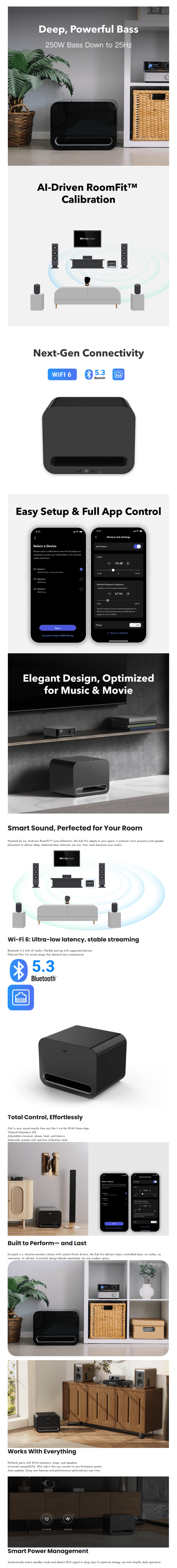WiiM Sub Pro Wireless Subwoofer infographic