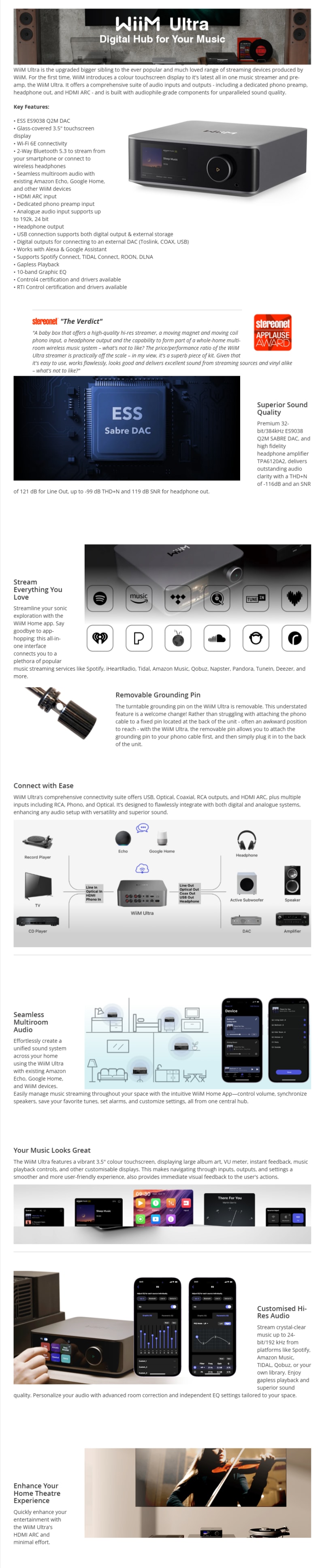 WiiM Amp Ultra Wireless Audio streaming Amplifier - Silver infographic