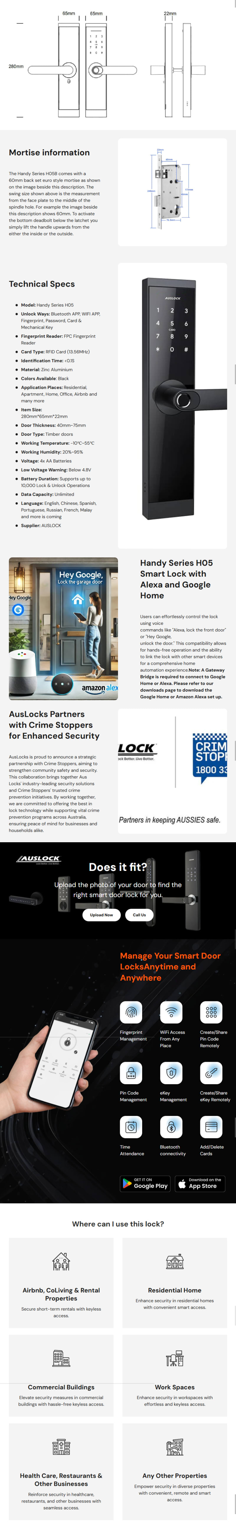 Auslock H05 Keyless Entry Smart Door Lock - Black infographic