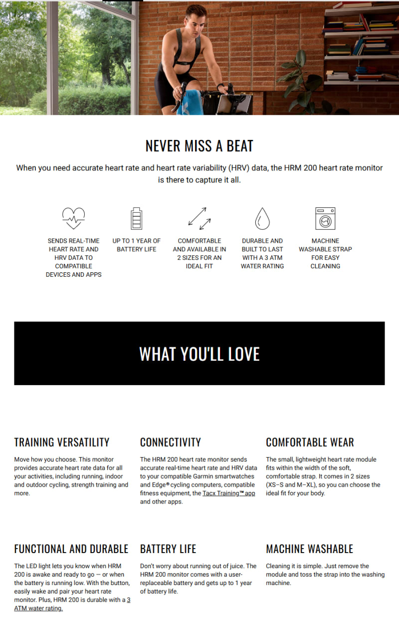 Garmin HRM 200 Heart Rate Monitor - 010-13388-01 (XS to S) infographic