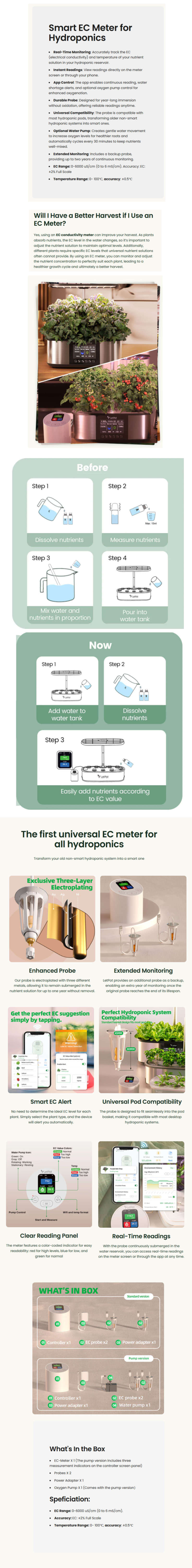 LetPot ECT-P Smart Hydroponic EC Tester with Circulation Pump infographic