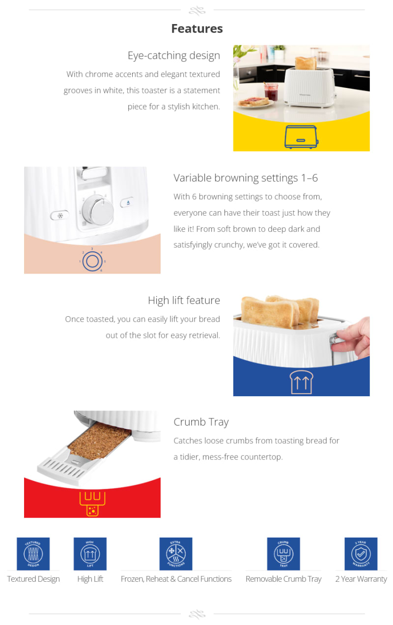 Russell Hobbs Eden 2 Slice Toaster - White infographic