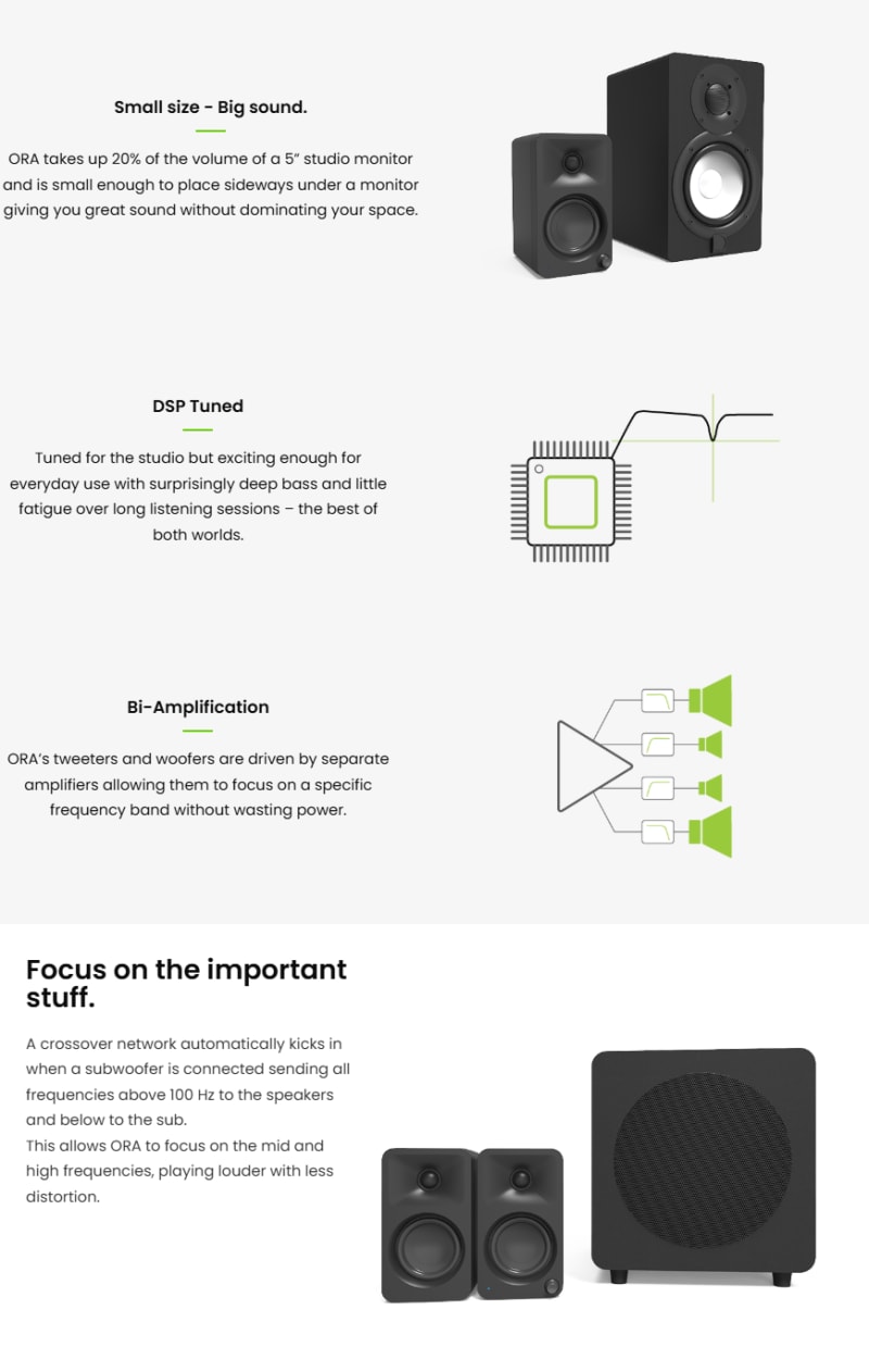 Kanto ORA 100W Powered Speakers Bluetooth 5.0 White infographic