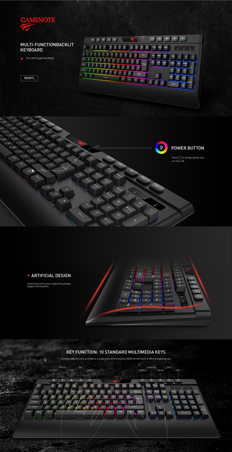 Havit KB487L RGB Multi Function Media Backlit Gaming Keyboard infographic
