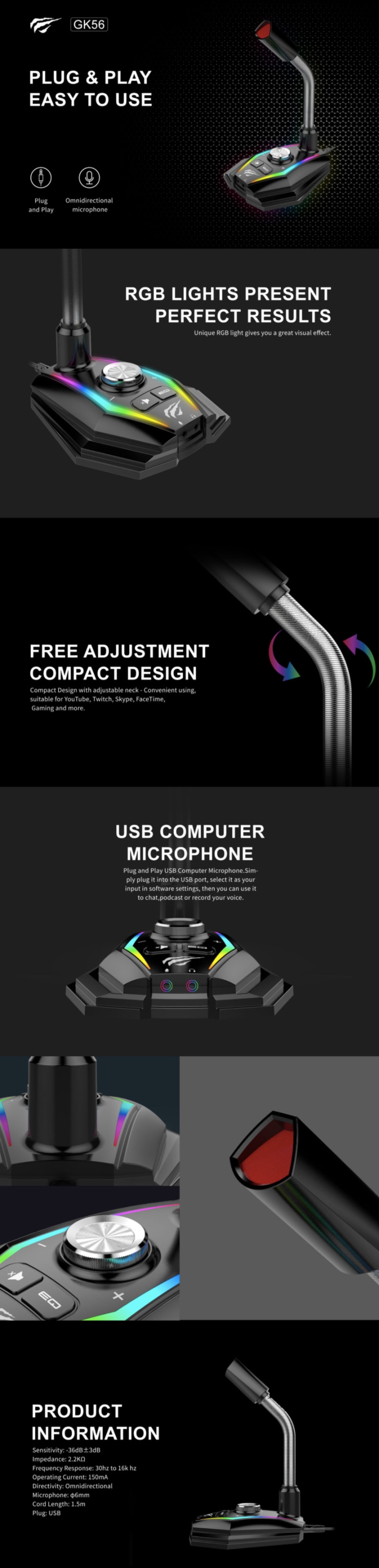 Havit GK56 RGB Backlit Gaming Desktop USB Microphone Plug and Play infographic