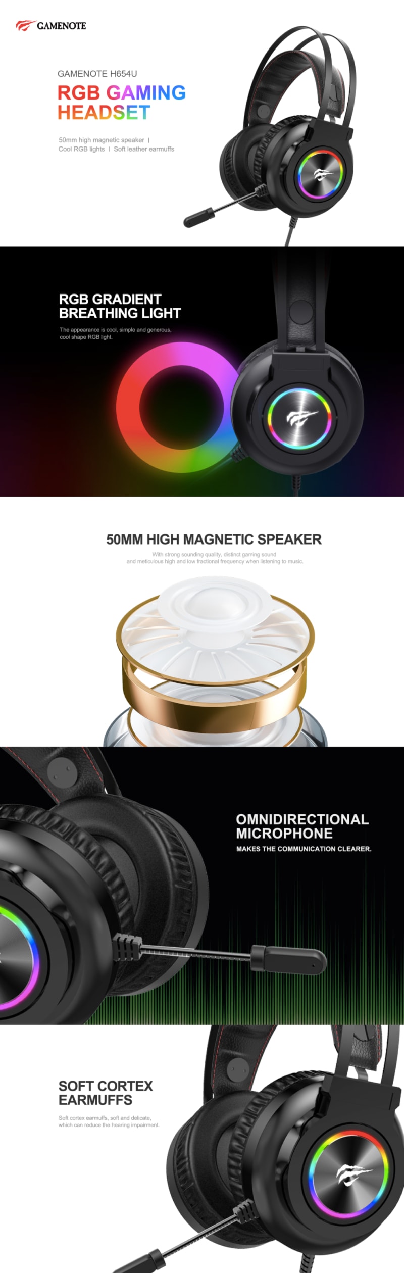 Havit H654D RGB Gaming Headset Microphone 3.5mm AUX USB Headphone infographic