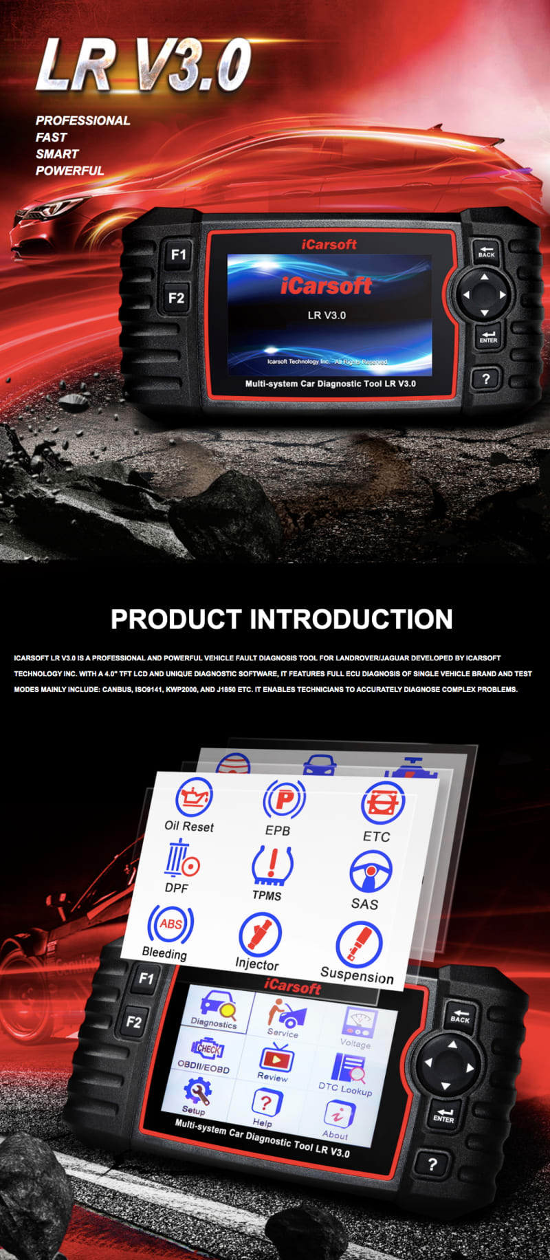 iCarsoft LR V3.0 Land Rover Jaguar Professional Diagnostic Scan Tool infographic 1 of 4