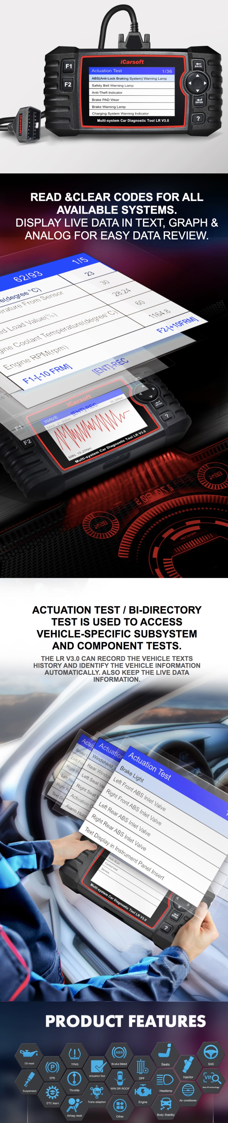 iCarsoft LR V3.0 Land Rover Jaguar Professional Diagnostic Scan Tool infographic 2 of 4