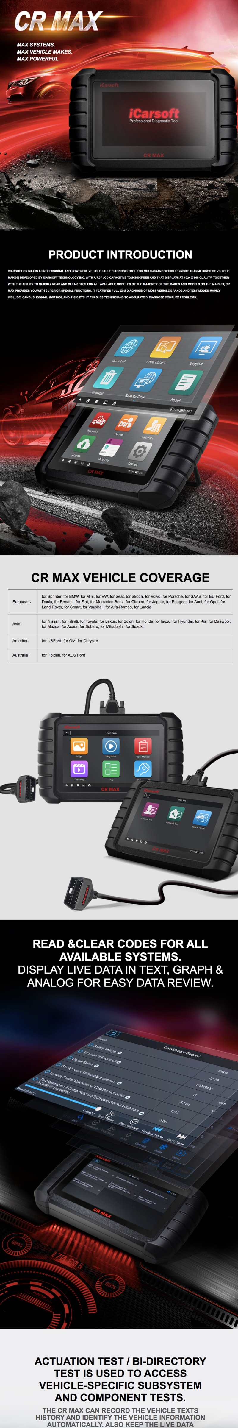iCarsoft CR MAX Professional Multi Brand & System Car Diagnostic Tools infographic 1 of 3