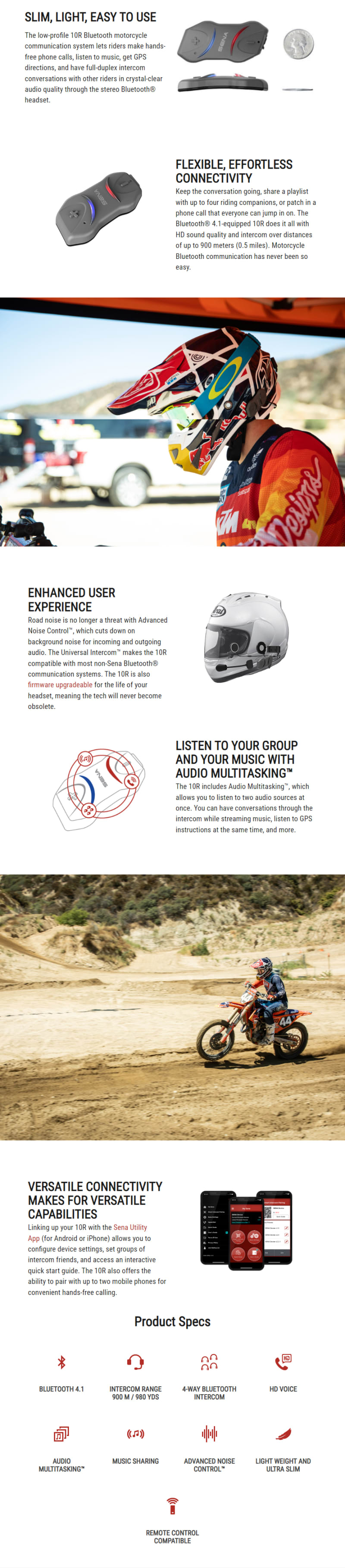 Sena 10R Bluetooth 4.1 Headset & Intercom Single 10R-02 infographic