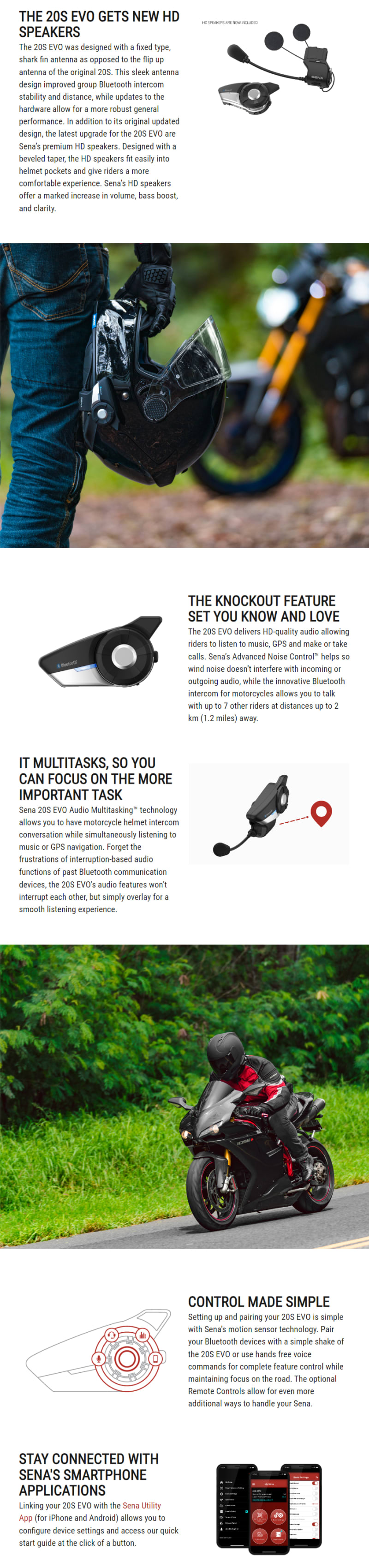 Sena 20S EVO Single Motorcycle Bluetooth Intercom Headset 20S-EVO-11 infographic