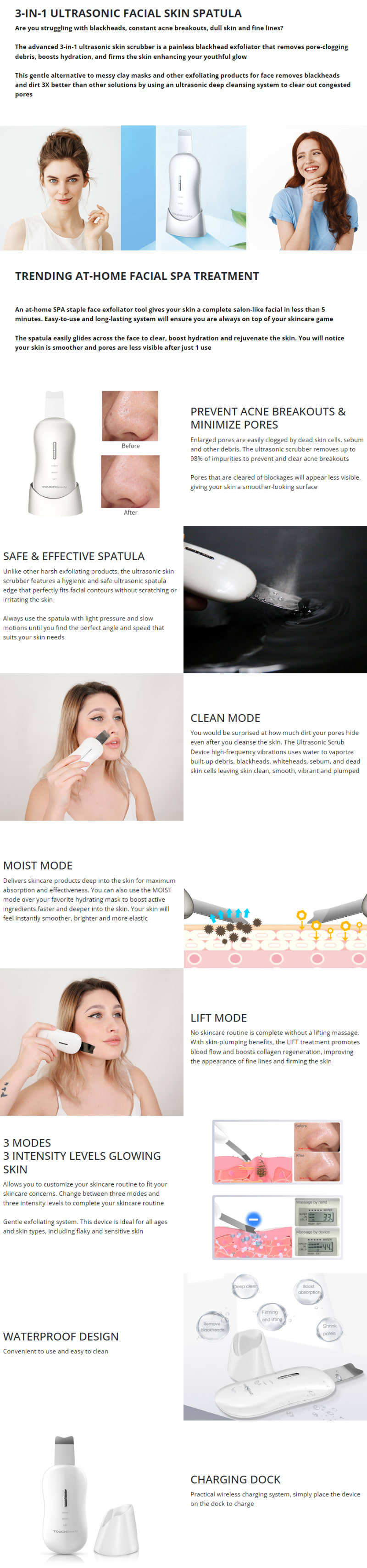 TouchBeauty Ultrasonic Exfoliating Scrub Device infographic
