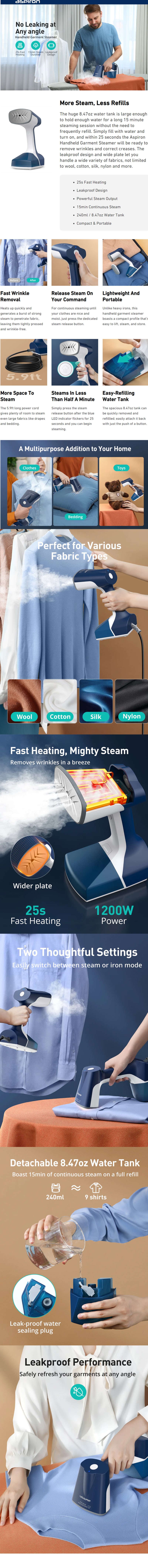 Aspiron Handheld 1200W Garment Steamer infographic