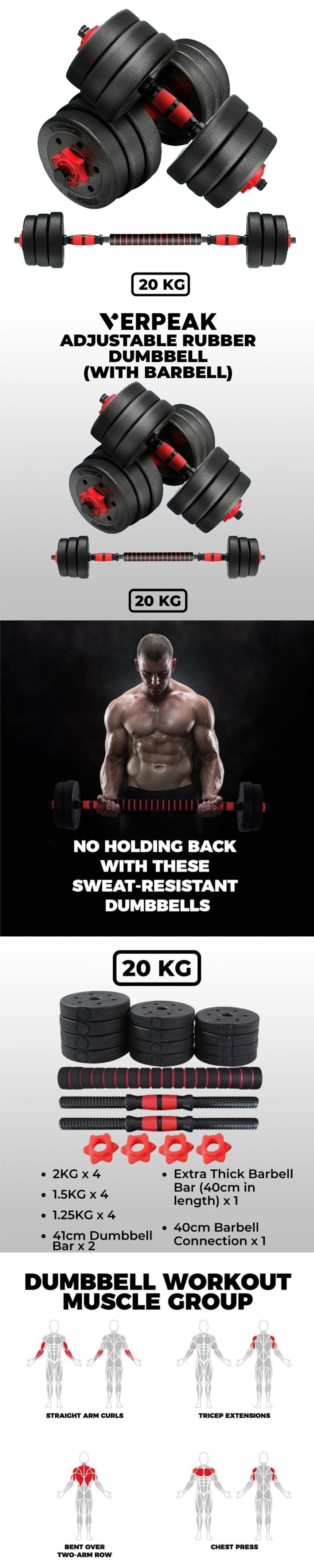Verpeak Adjustable Rubber Dumbbells 20kg infographic