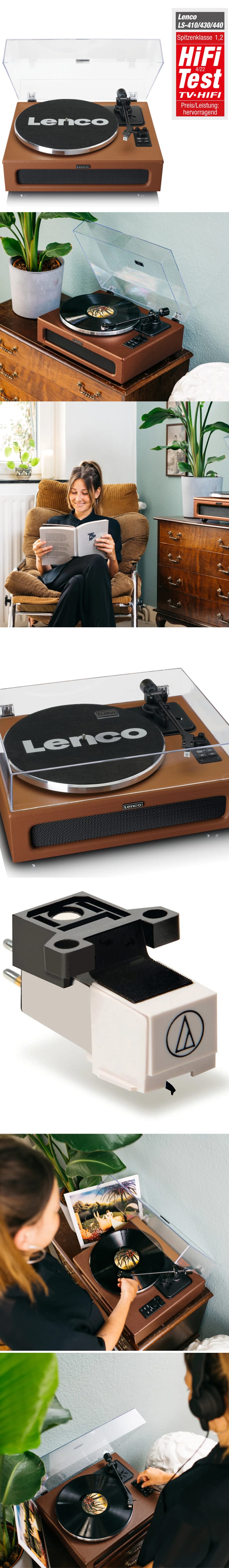 Lenco LS-430 Turntable with 4x Built-in Speakers - Brown infographic