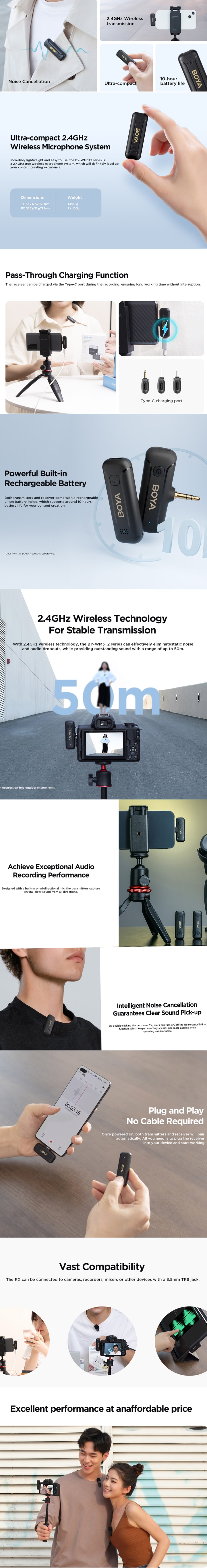 Boya BY-WM3T2-M1 Mini 2.4GHz Wireless Lavalier Microphone infographic
