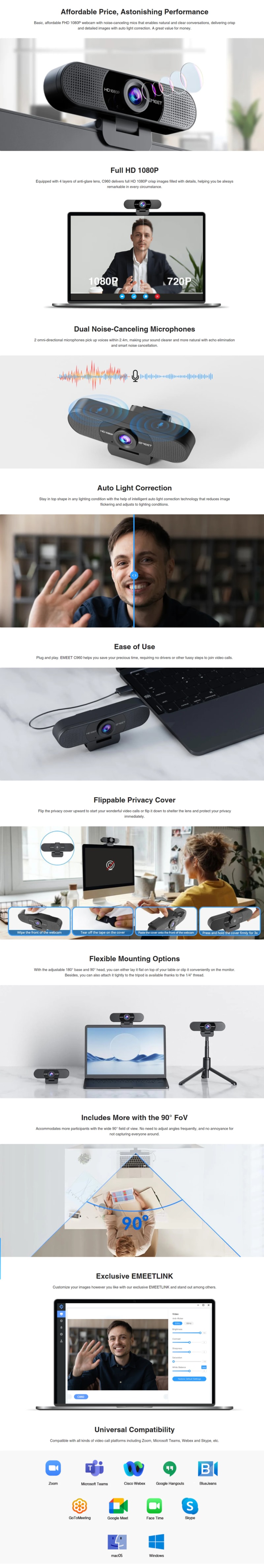eMeet C960 1080P Webcam with Microphone infographic