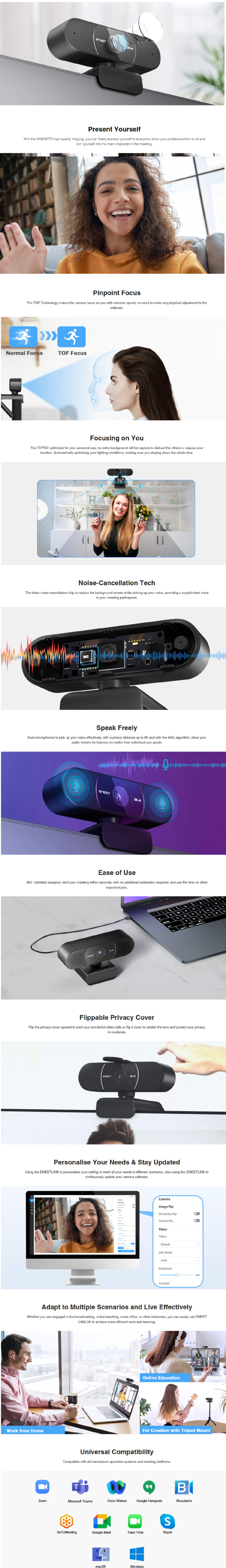 eMeet C960 2K Webcam with Dual Microphones infographic