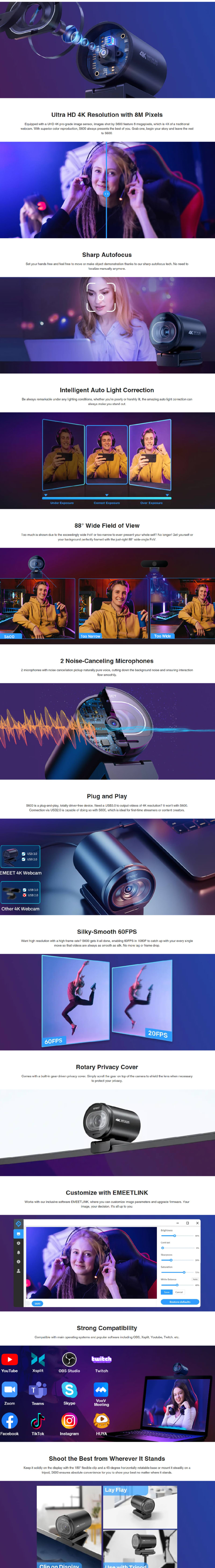 eMeet S600 4k Streaming Webcam with Auto Focus infographic