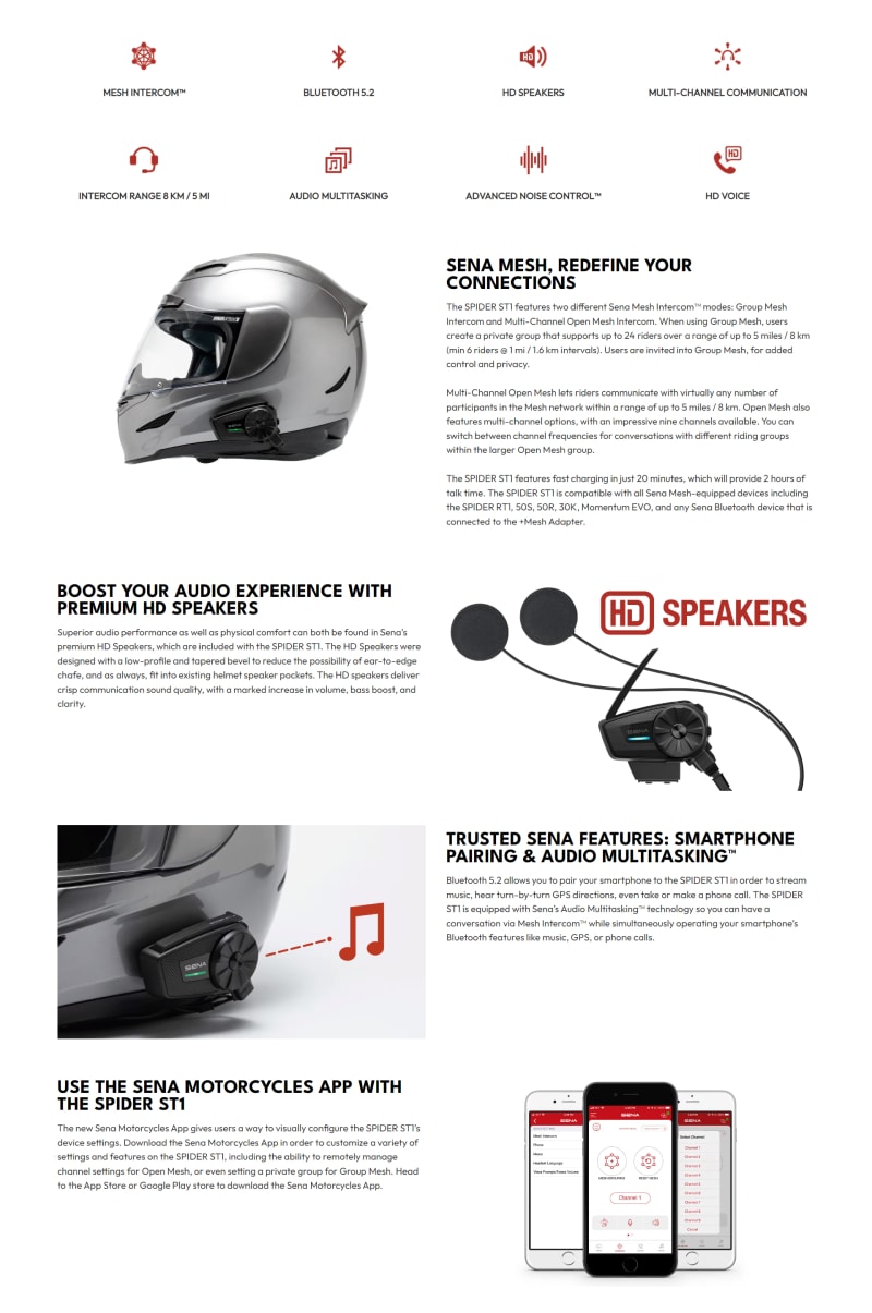 Sena Spider ST1 Communication Headset System SPIDER-ST1-10D infographic